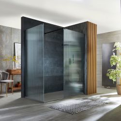 Walk-In Dusche mit geriffeltem Glas | Schwarz, Eckeinbau - inkl. Duschwanne mit Schiefer-Effekt (Finish wählbar) – Größe wählbar - Florence