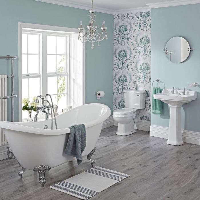 Badausstattung Carlton mit Toilette, Waschbecken, Badewanne und Armaturen - Greiffüße Chrom