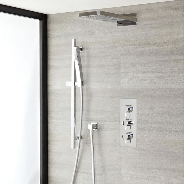 Duschsystem mit Thermostat und Umsteller– mit schmalem Wasserfall-Duschkopf und Brausestangenset - Chrom – Como