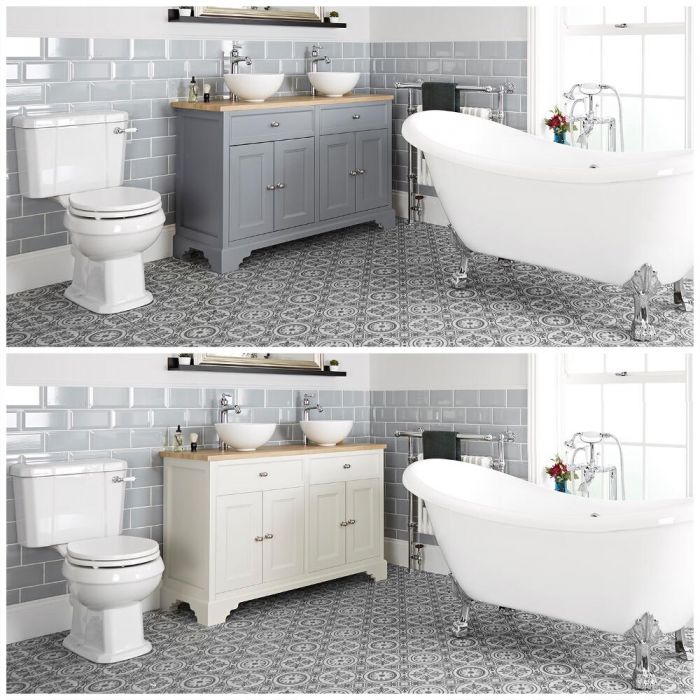 Traditionelles Bad Komplettset - mit freistehender Badewanne, Stand-WC, Doppel-Aufsatzwaschbecken mit Unterschrank (B 1200) - Thornton