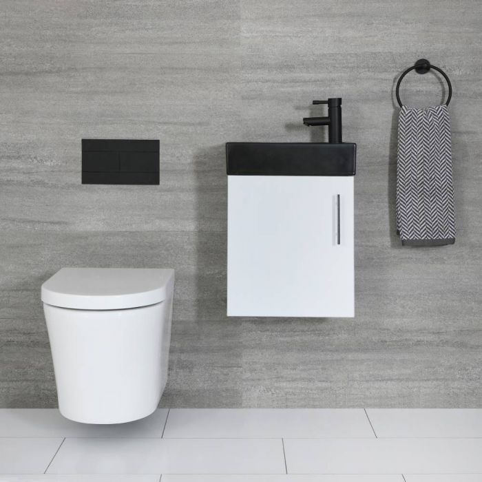 Kompaktes Waschbecken Schwarz mit Unterschrank Wandmontage Weiß 400mm - Cluo