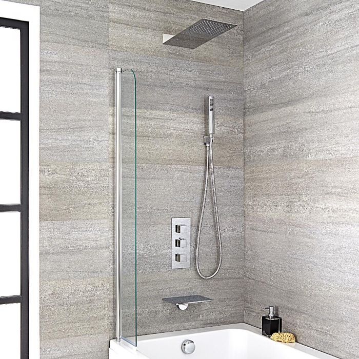 Duschsystem mit Thermostat und Umsteller – mit schmalem Duschkopf, Handbrauseset und Wanneneinlauf - Chrom – Kubix