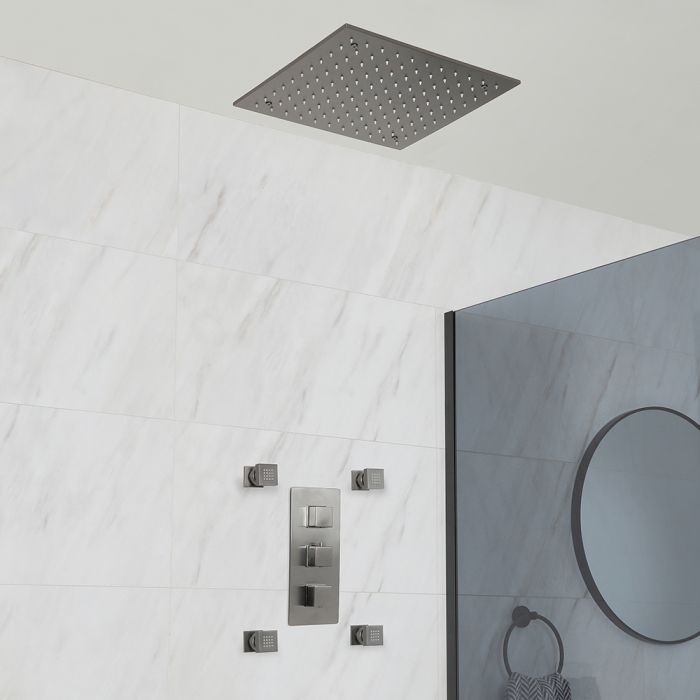 Duschsystem mit Unterputz-Thermostat - inkl. 400mm x 400mm Unterputz-Duschkopf und Körperdüsen - Metallgrau - Orno