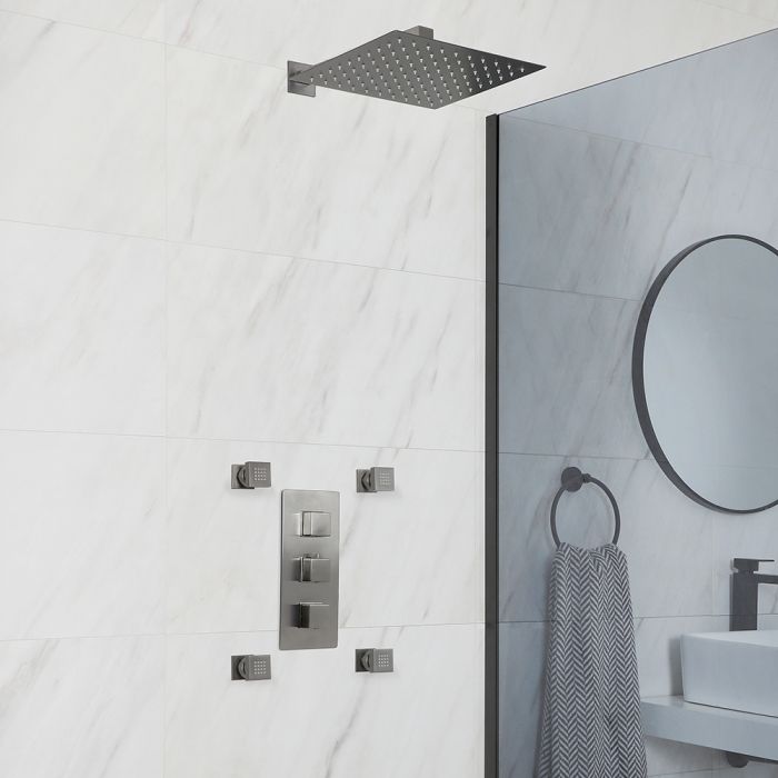 Duschsystem mit Unterputz-Thermostat - inkl. 300mm x 300mm Duschkopf und Körperdüsen - Metallgrau - Orno