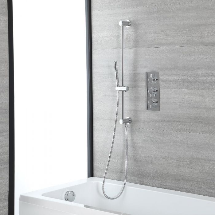 Duschsystem für Badewanne mit rundem Thermostat, Überlauf-Wanneneinlauf und Brausestangenset, Chrom - Como