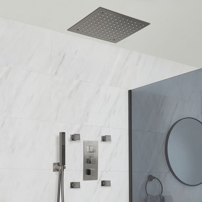 Duschsystem mit Unterputz-Thermostat - inkl. 400mm x 400mm Unterputz-Duschkopf, Handbrauseset und Körperdüsen - Metallgrau - Orno