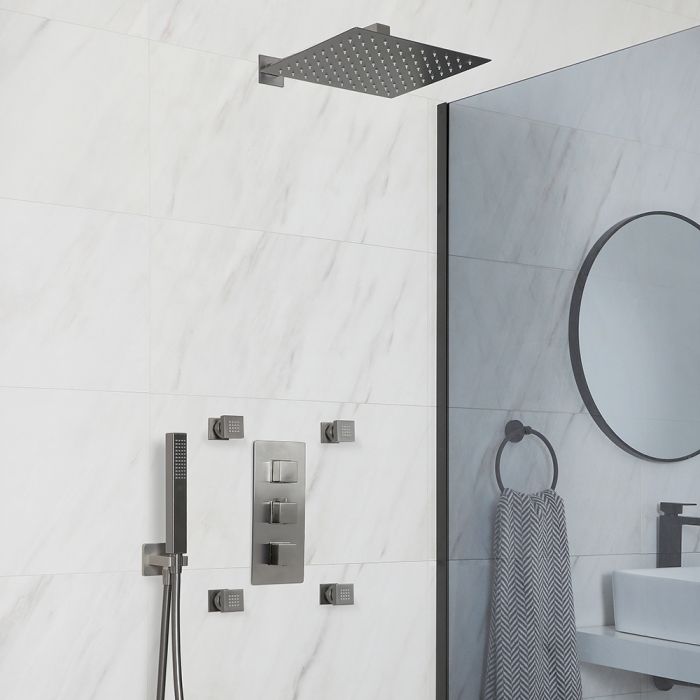 Duschsystem mit Unterputz-Thermostat - inkl. 300mm x 300mm Duschkopf, Handbrauseset und Körperdüsen - Metallgrau - Orno