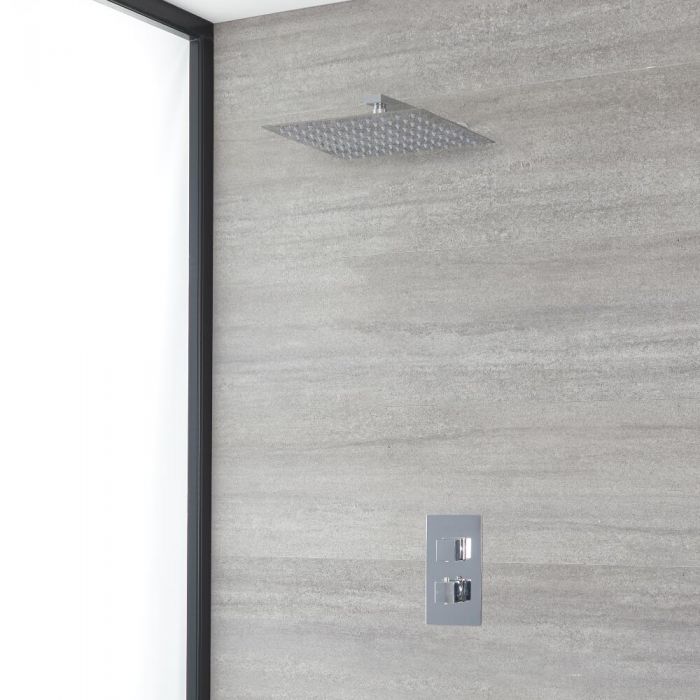 Eckiges Dusch-Thermostat mit 300x300mm Wand-Duschkopf, Chrom - Kubix