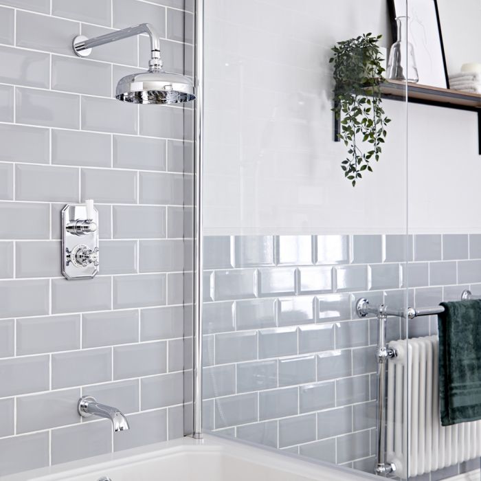 Retro Unterputz Duschsystem mit Wanneneinlauf, Thermostat und Wand-Duschkopf, Chrom/Weiß - Elizabeth