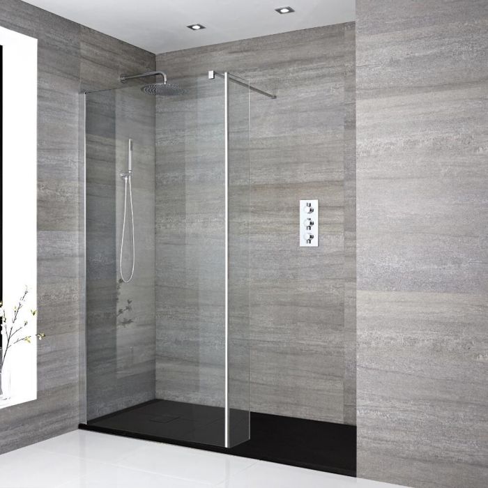 Walk-In Dusche, Chrom, für Nische - inkl. Duschwanne mit Schiefer-Effekt (Finish wählbar) – Größe und Seitenpaneel wählbar – Portland
