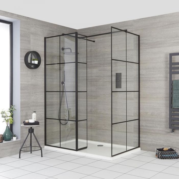 Walk-In Dusche mit Gittermuster, für Eckeinbau – inkl. weißer Duschwanne – Größe und Seitenpaneel wählbar – Barq