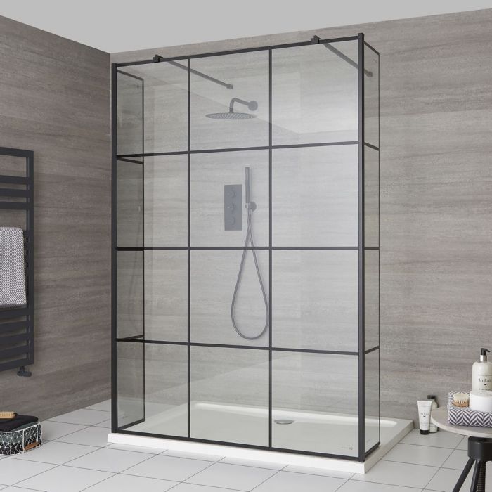 Walk-In Dusche mit Gittermuster, freistehend – inkl. weißer Duschwanne – Größe und Seitenpaneel wählbar – Barq