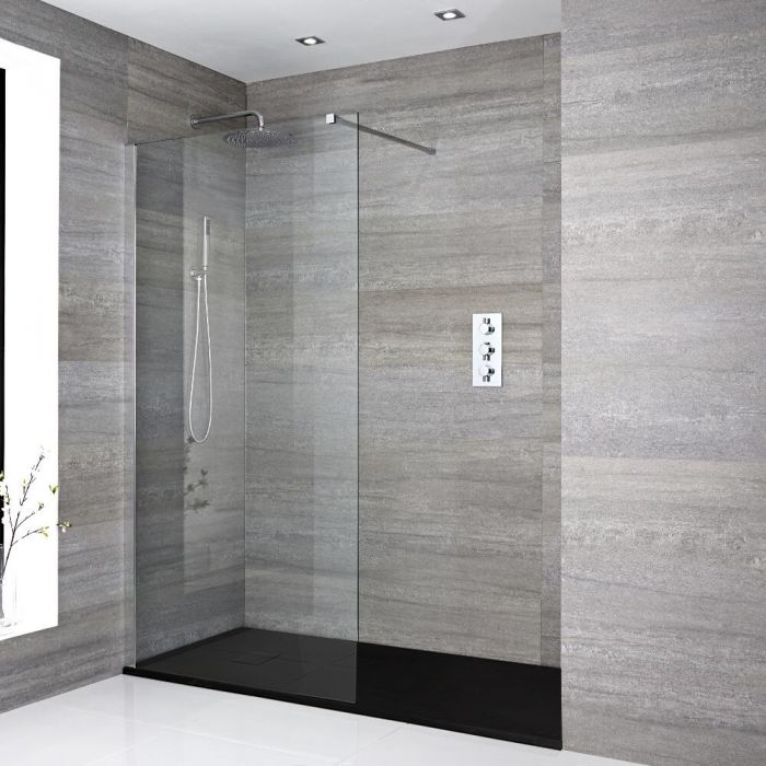 Walk-In Dusche, Chrom, für Nische – inkl. Duschwanne mit Schiefer-Effekt (Finish wählbar) – Größe wählbar – Portland