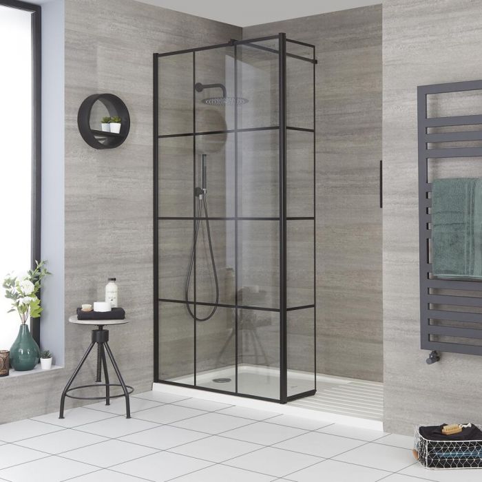 Walk-In Duschwand mit Gittermuster und Seitenpaneel, für Nische – inkl. Duschwanne mit niedrigem Profil – wählbare Größe – Barq