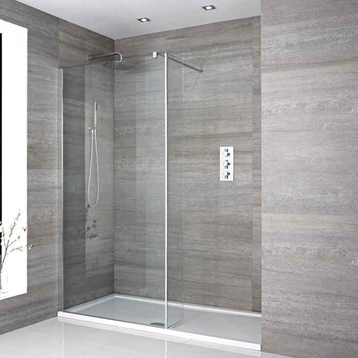 Walk-In Duschwand mit Seitenpaneel, Chrom, für Nische - inkl. weißer Duschwanne mit niedrigem Profil – wählbare Größe – Portland