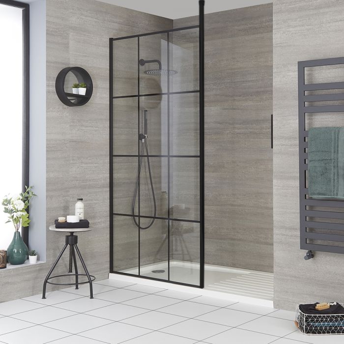 Walk-In Duschwand mit Gittermuster, für Nische - inkl. weißer Duschwanne mit niedrigem Profil – wählbare Größe – Barq