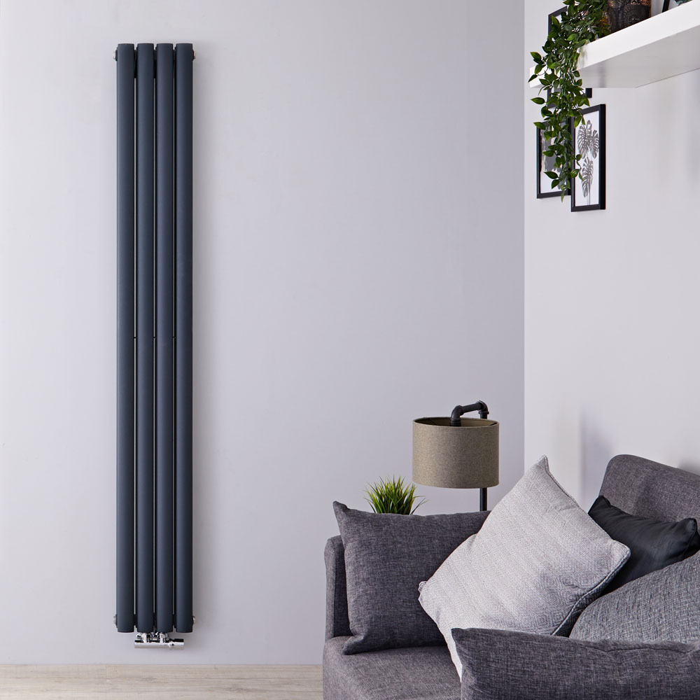 Design Heizkörper Vertikal Doppellagig Mittelanschluss Anthrazit 1600mm x 236mm 858W - Revive Caldae