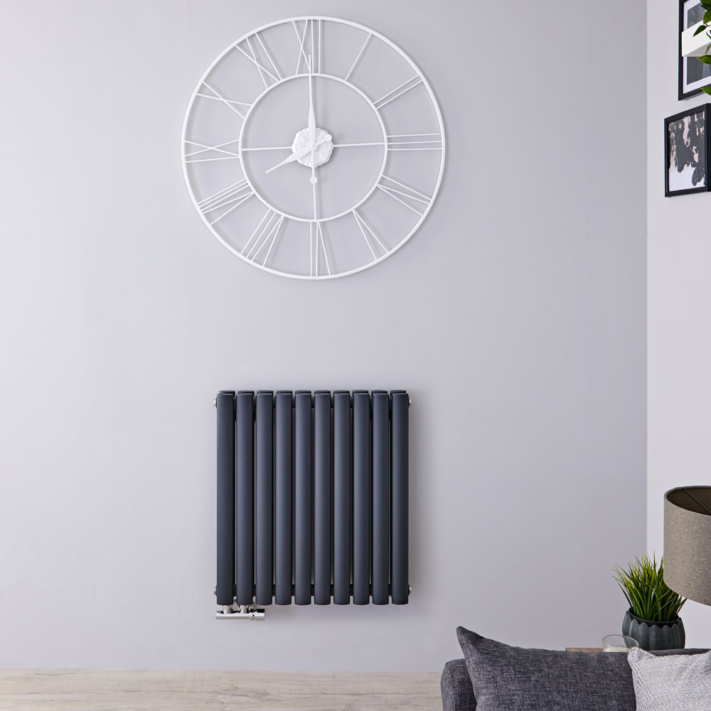 Design Heizkörper Horizontal Doppellagig Mittelanschluss Anthrazit 635mm x 590mm 1042W - Revive Caldae