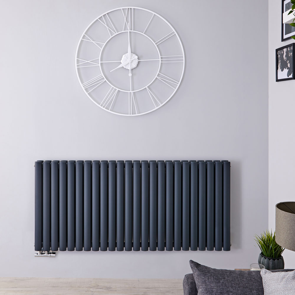 Design Heizkörper Horizontal Doppellagig Mittelanschluss Anthrazit 635mm x 1411mm 2503W - Revive Caldae
