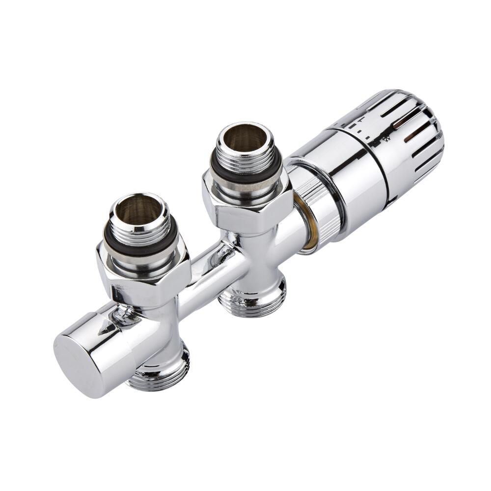 Mittelanschluss Hahnblockventil, Durchgang, thermostatisch, Chrom, Rohr-Adapter wählbar