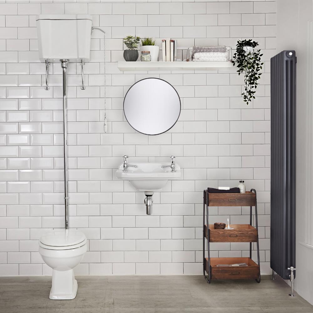 Klassiktoilette mit hohem Spülkasten, Holzsitz Weiß - Carlton