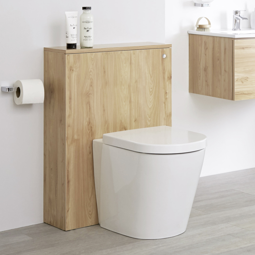 Newington - Moderne Standtoilette mit Vorwandelement 600mm & Spülkasten - Goldene Eiche