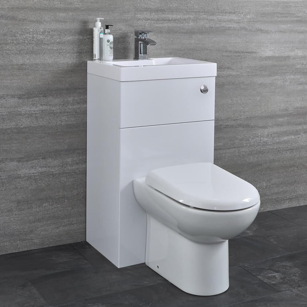 D-förmige Toilette mit Spülkasten und integriertem Waschbecken