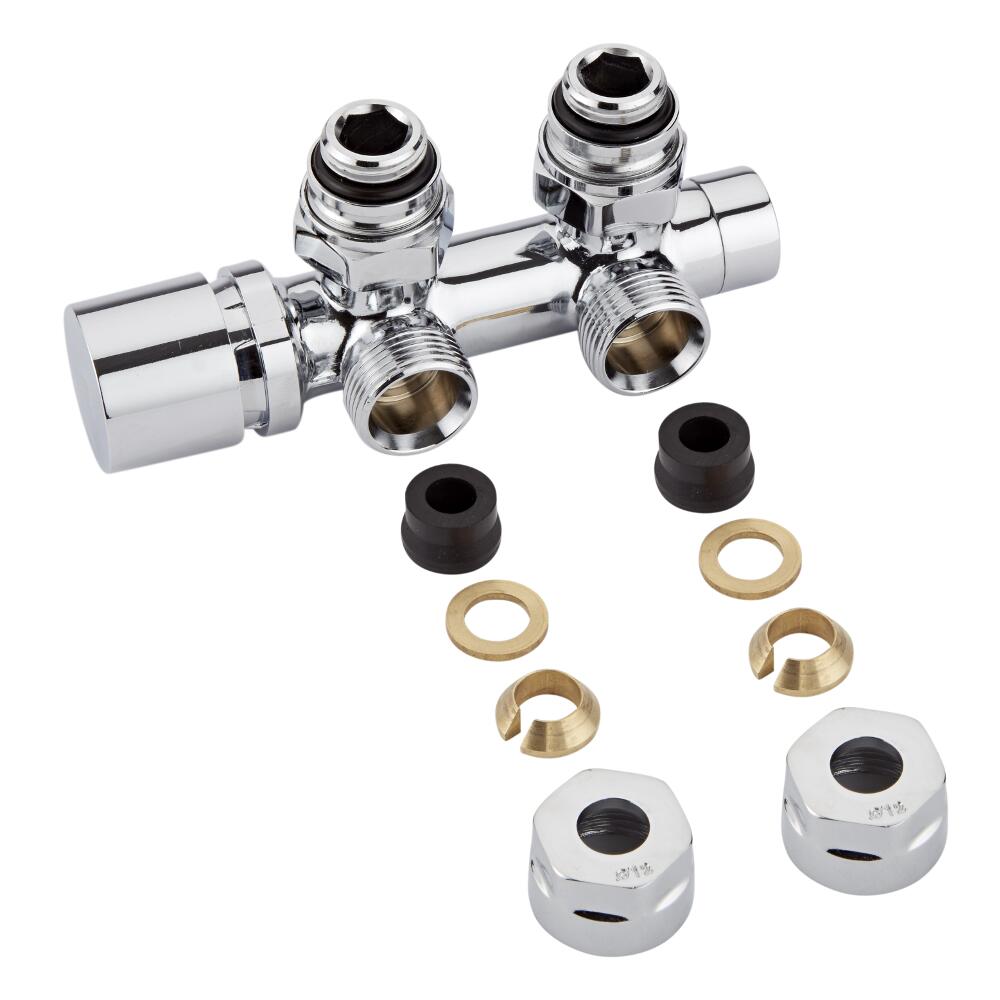 Hahnblock Heizkörperwinkelventil Manuell Chrom inkl. Multiadapter für 12mm Kupferrohre im Set