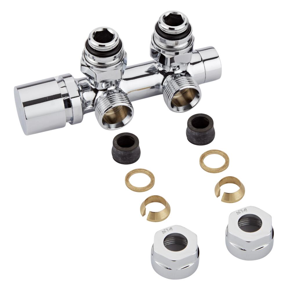 Hahnblock Heizkörperwinkelventil Manuell Chrom inkl. Multiadapter für 14mm Kupferrohre im Set
