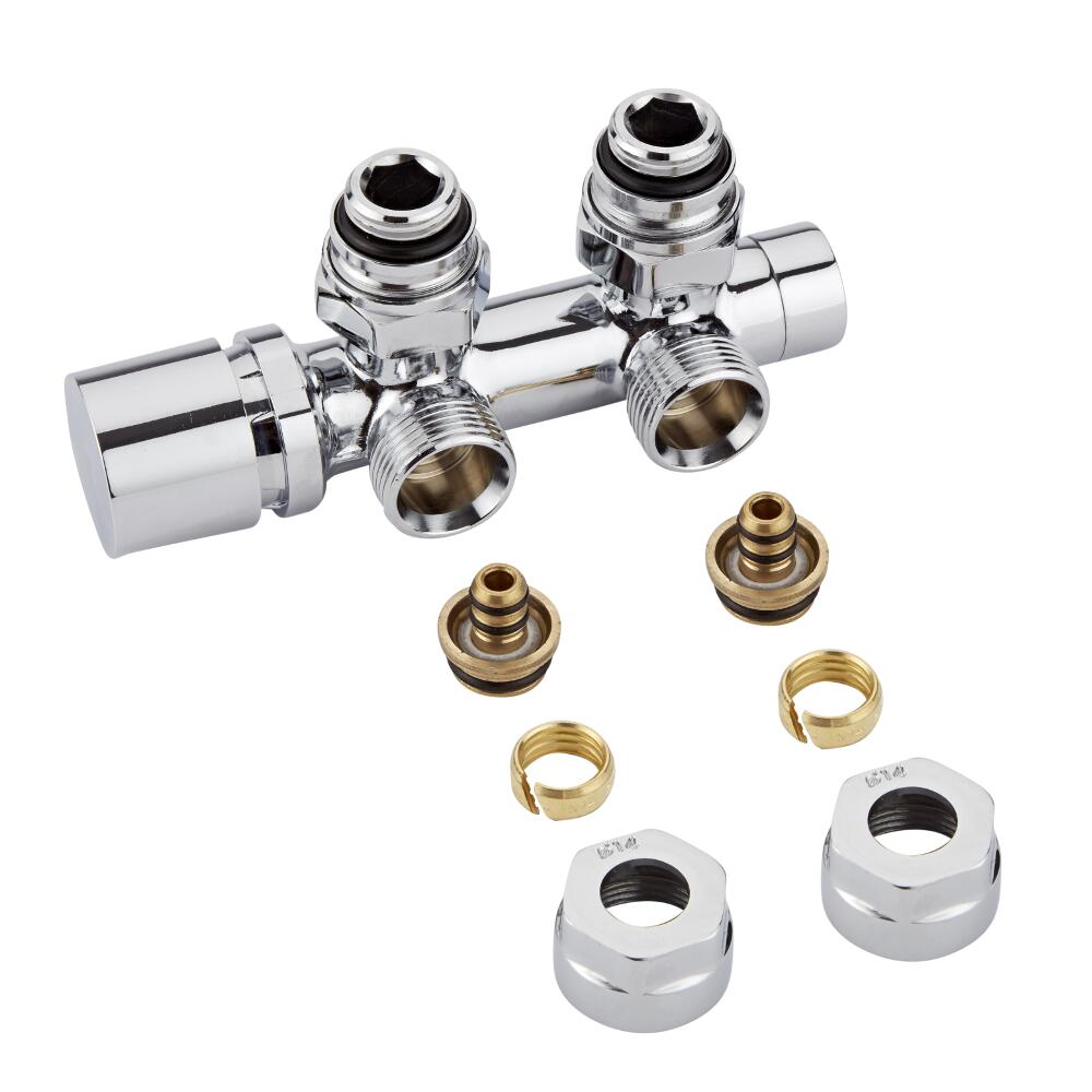 Hahnblock Heizkörperwinkelventil Manuell Chrom inkl. Multiadapter für 14mm Multiverbundrohre im Set