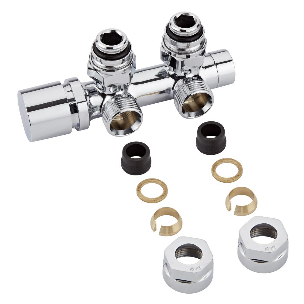 Hahnblock Heizkörperwinkelventil Manuell Chrom inkl. Multiadapter für 15mm Kupferrohre im Set