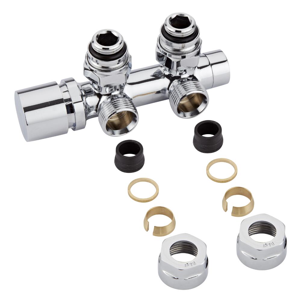 Hahnblock Heizkörperwinkelventil Manuell Chrom inkl. Multiadapter für 16mm Kupferrohre im Set