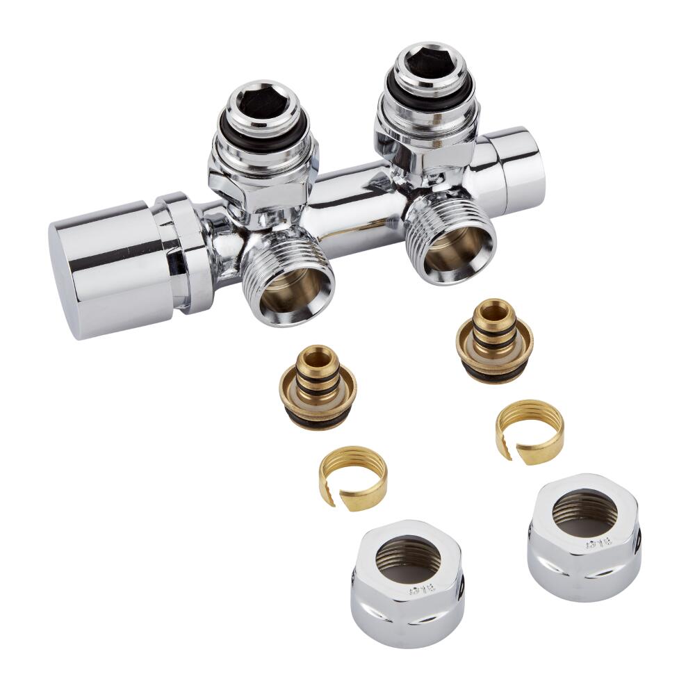 Hahnblock Heizkörperwinkelventil Manuell Chrom inkl. Multiadapter für 16mm Multiverbundrohre im Set