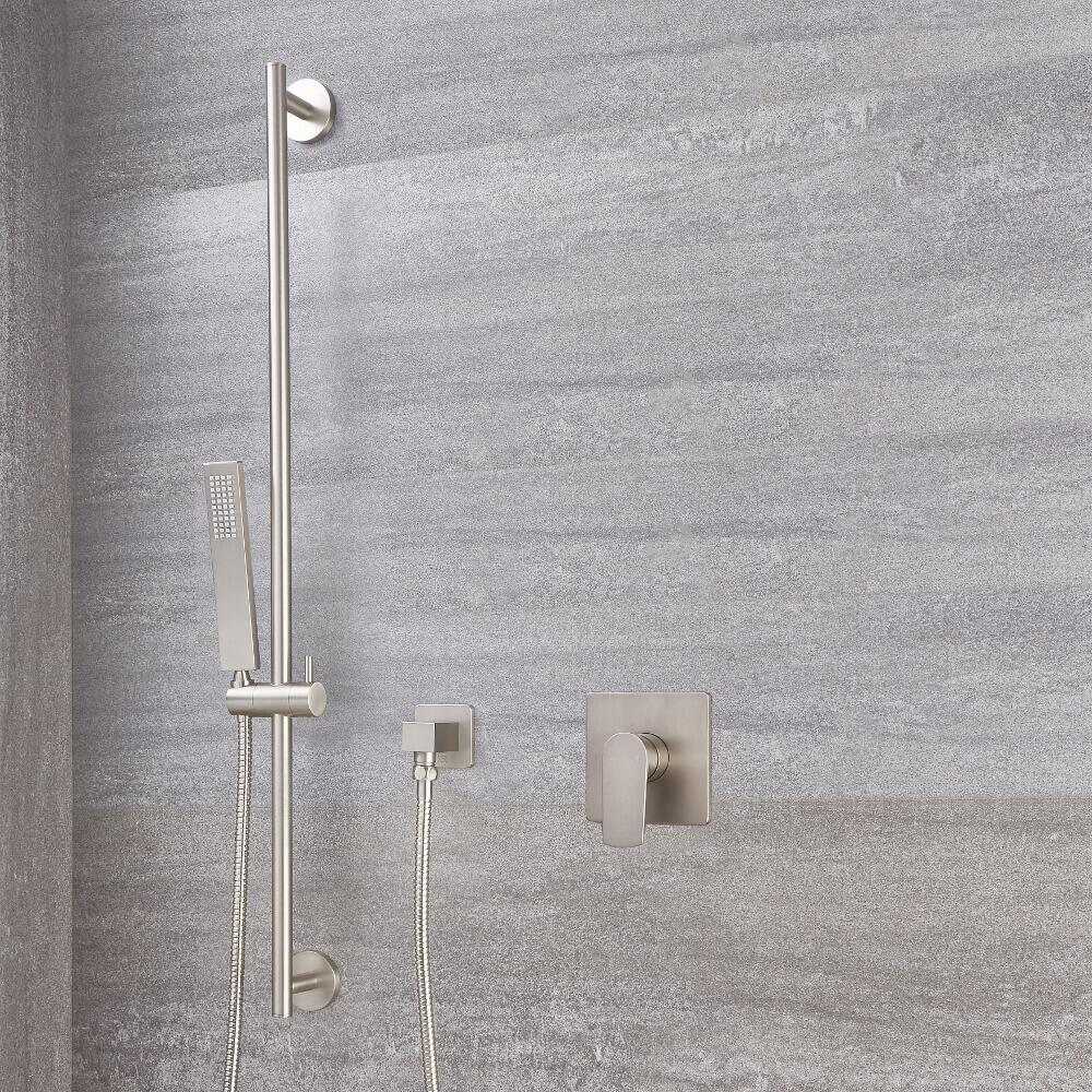 Harting Einhebel-Duscharmatur mit Duschstange und eckiger Handbrause - Gebürstetes Nickel