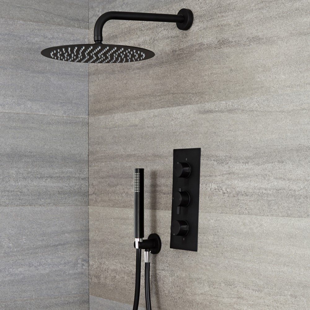 Nox - Schwarze Duscharmatur mit 300mm rundem Duschkopf und Handbrause