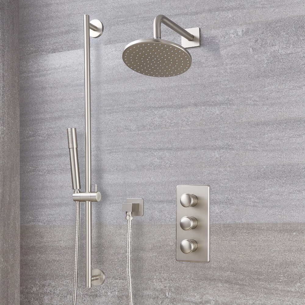 Aldwick Thermostatarmatur mit 200mm rundem Kopf und Duschstangenset - Gebürstetes Nickel