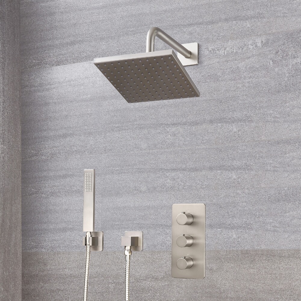 Harting Thermostatarmatur, 200mm x 200mm quadratischer Kopf und Handbrause - Gebürstetes Nickel