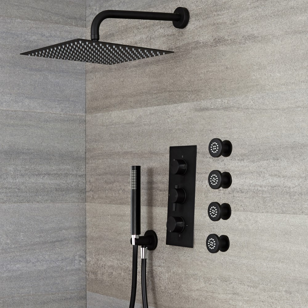 Nox - Schwarze 3-Wege Armatur mit 300x300mm Kopf, Handbrause und Körperdüsen