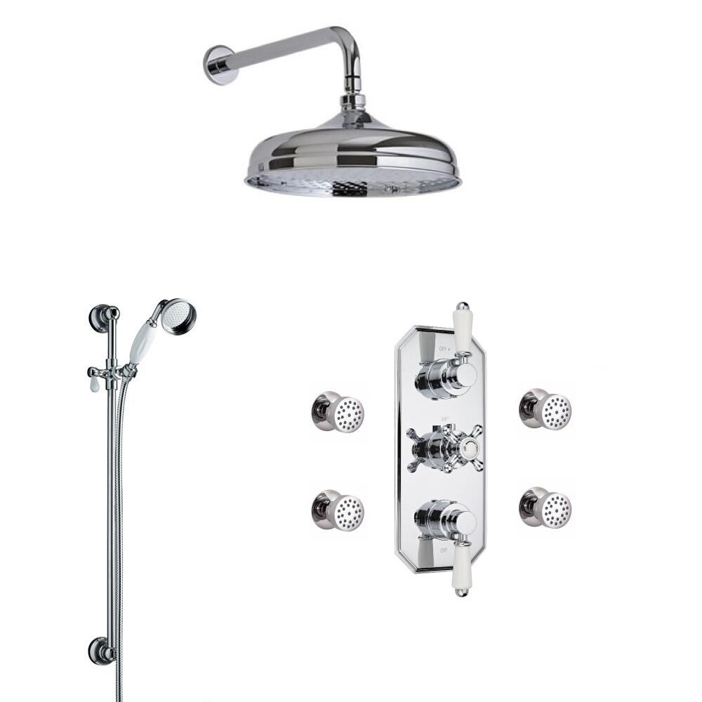 Triple Unterputzarmatur Nostalgie mit Funktionswechsler inkl. 150mm Duschkopf, Duschstange & 4 Seitenbrausen - Victoria