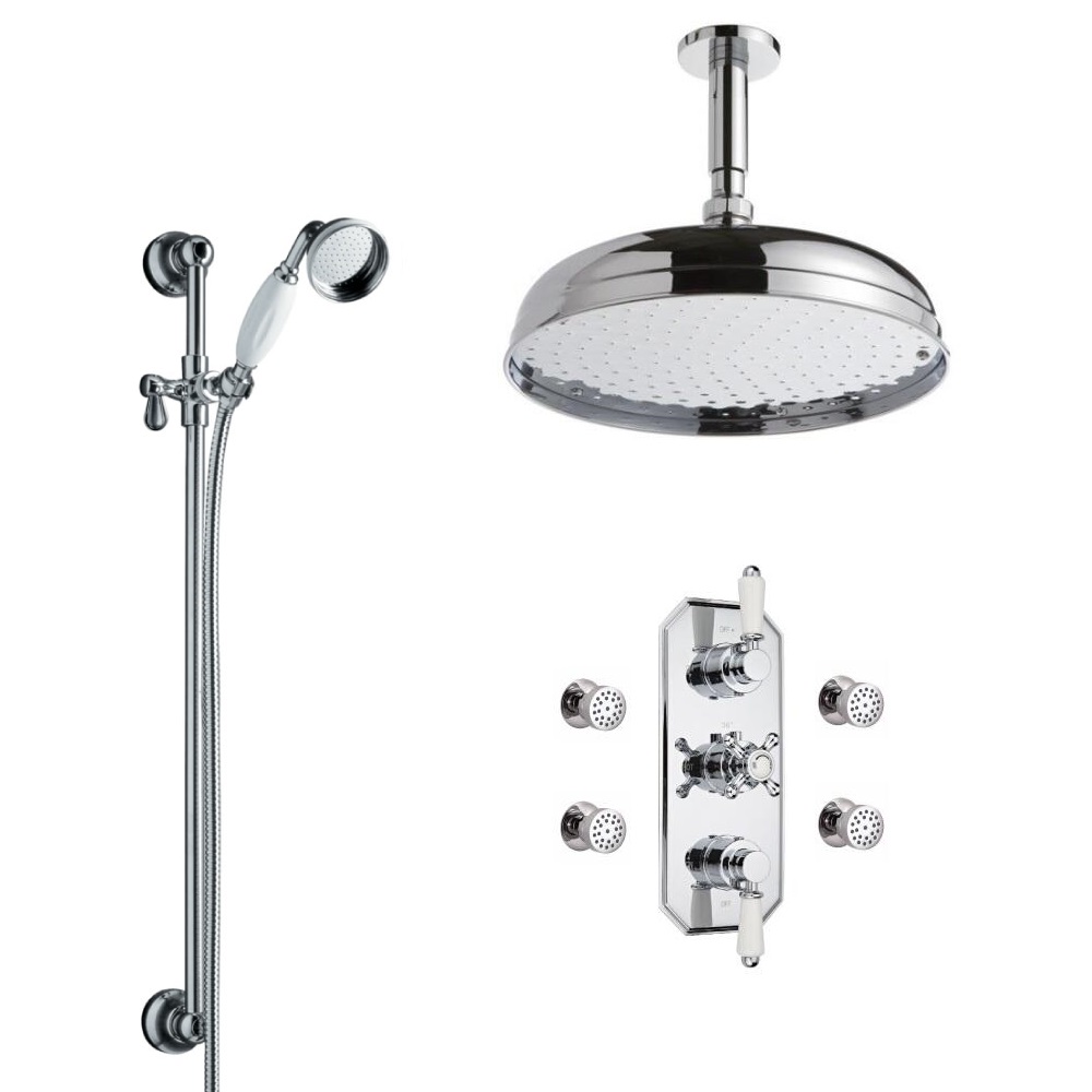 Triple Unterputzarmatur Nostalgie mit Funktionswechsler inkl. 300mm Duschkopf, Duschstange & 4 Seitenbrausen - Victoria