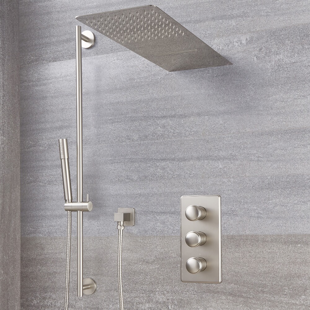 Aldwick Thermostatarmatur mit Wasserfall-Regen-Duschkopf und Duschstangenset - Gebürstetes Nickel