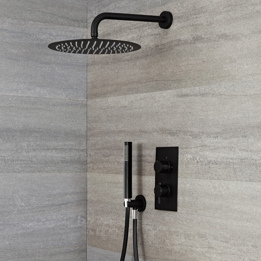 Nox - Schwarze 2-Wege Armatur mit Umschalter mit 300mm Rundkopf und Handbrause