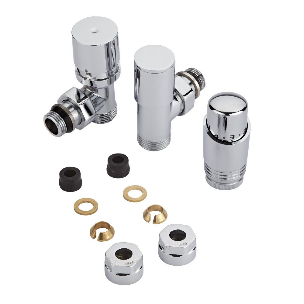 ¾" Heizkörperwinkelventil Manuell & Thermostatisch Chrom inkl. Multiadapter für 12mm Kupferrohre im Set