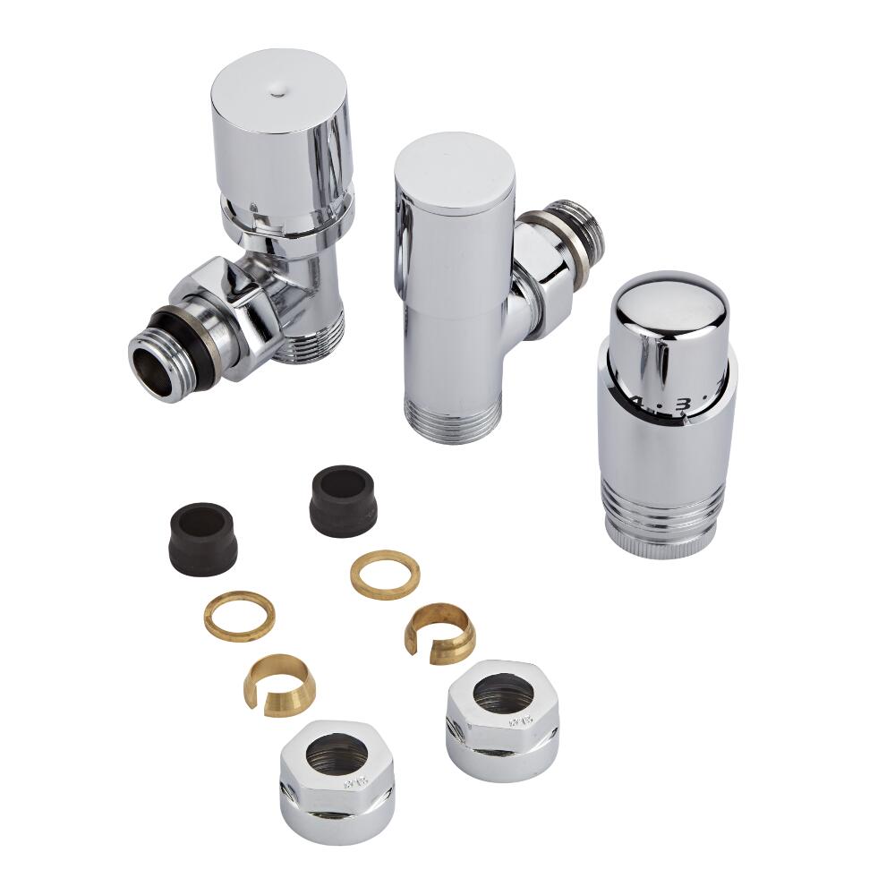 ¾" Heizkörperwinkelventil Manuell & Thermostatisch Chrom inkl. Multiadapter für 15mm Kupferrohre im Set