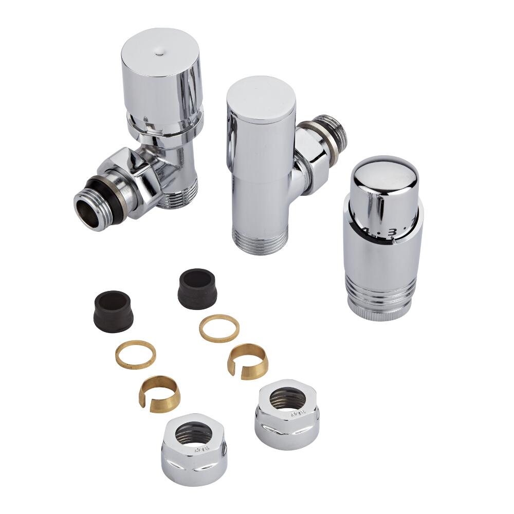 ¾" Heizkörperwinkelventil Manuell & Thermostatisch Chrom inkl. Multiadapter für 16mm Kupferrohre im Set