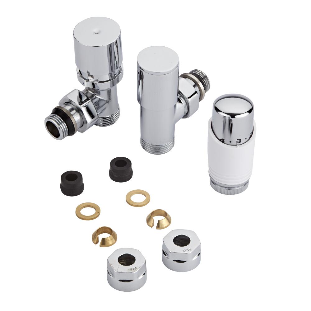 ¾" Heizkörperwinkelventil Manuell & Thermostatisch Weiß inkl. Multiadapter für 12mm Kupferrohre im Set