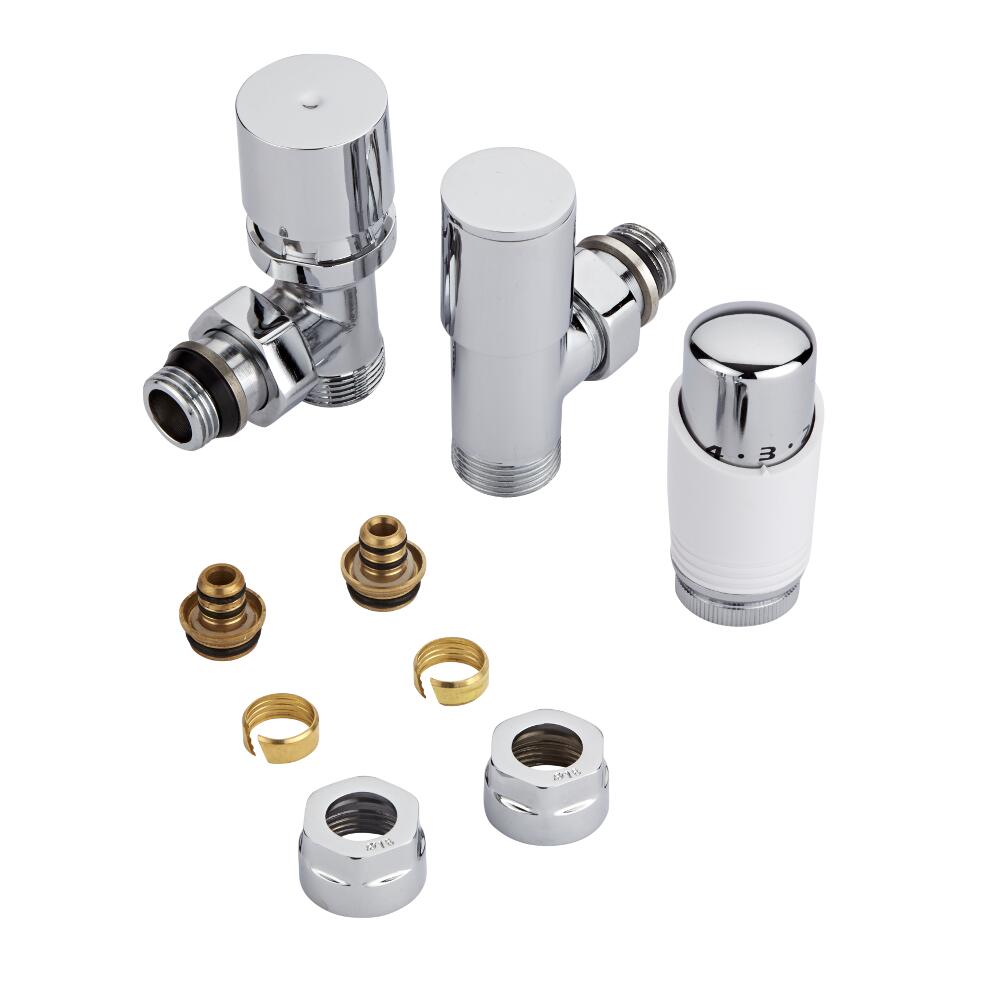 ¾" Heizkörperwinkelventil Manuell & Thermostatisch Weiß inkl. Multiadapter für 16mm Mehrschichtverbundrohre im Set