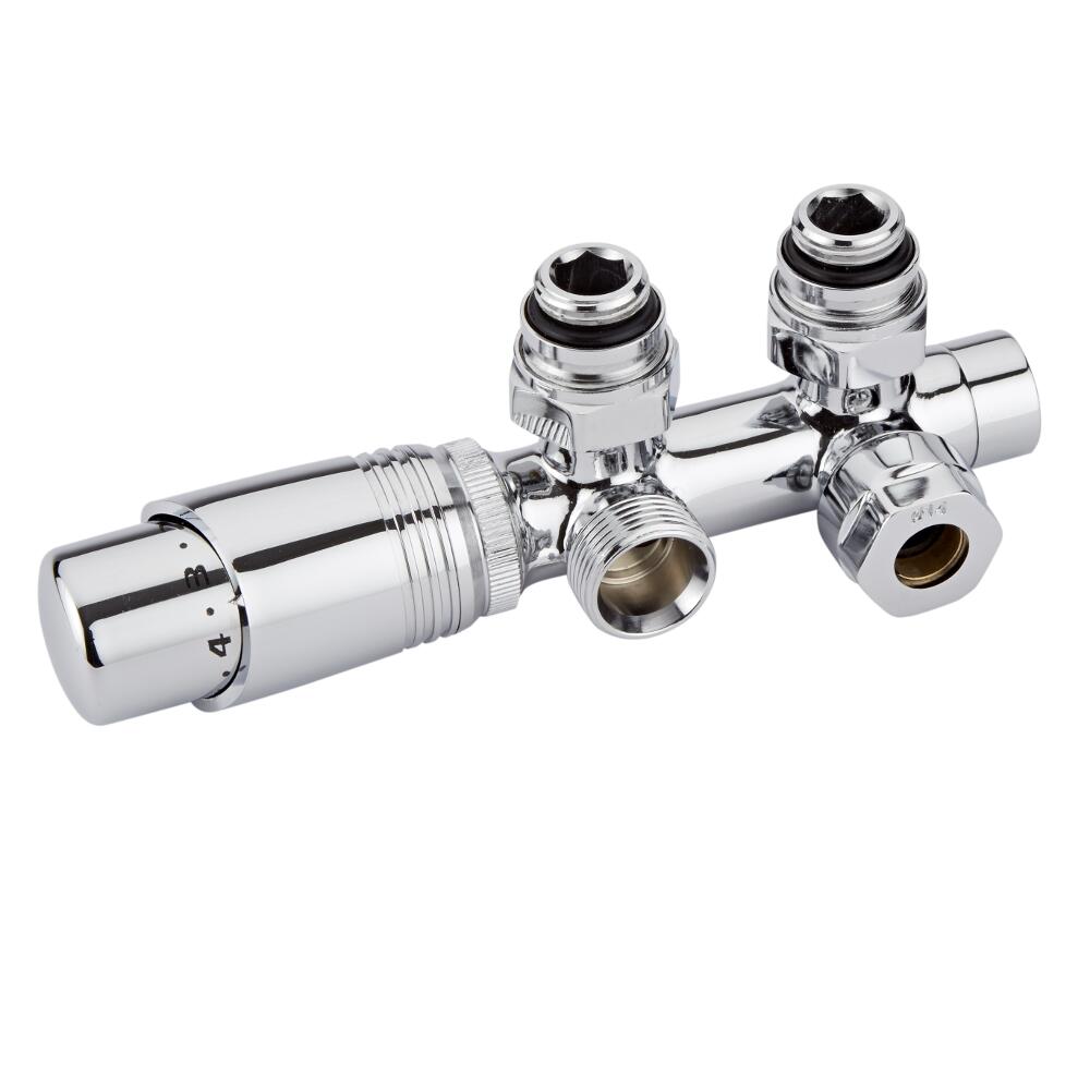Hudson Reed - Chrom 3/4" Außengewinde-Hahnblockwinkelventil mit verchromten Thermostatkopf und wählbaren Adaptern