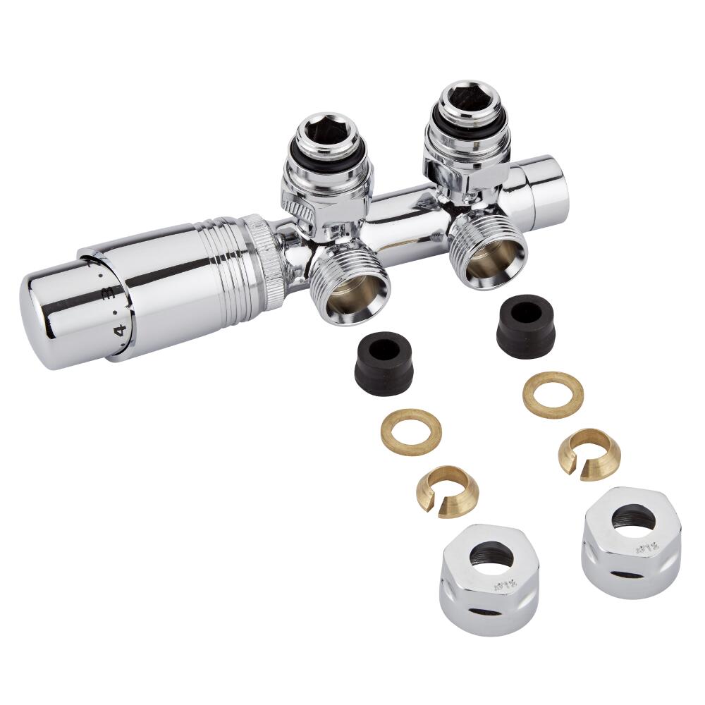 Hahnblock Heizkörperwinkelventil Manuell & thermostatisch Chrom/Weiß inkl. Multiadapter für 12mm Kupferrohre im Set