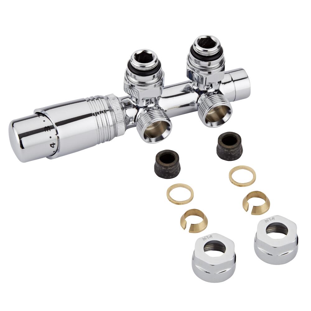 Hahnblock Heizkörperwinkelventil Manuell & thermostatisch Chrom/Weiß inkl. Multiadapter für 14mm Kupferrohre im Set